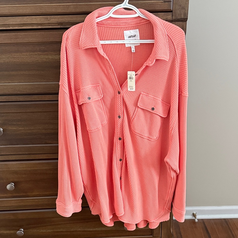 Aerie Vibrant Coral Waffle Knit Shirt